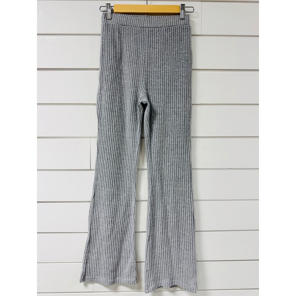 SHEIN Womens Gray Ribbed Knit Flare Leg Pants High Waist Lounge Trousers Size S